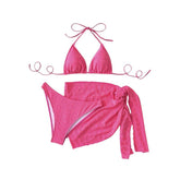 Strukturierter, einfarbiger, rückenfreier Neckholder-Badeanzug zum Selbstbinden, 3-teilig